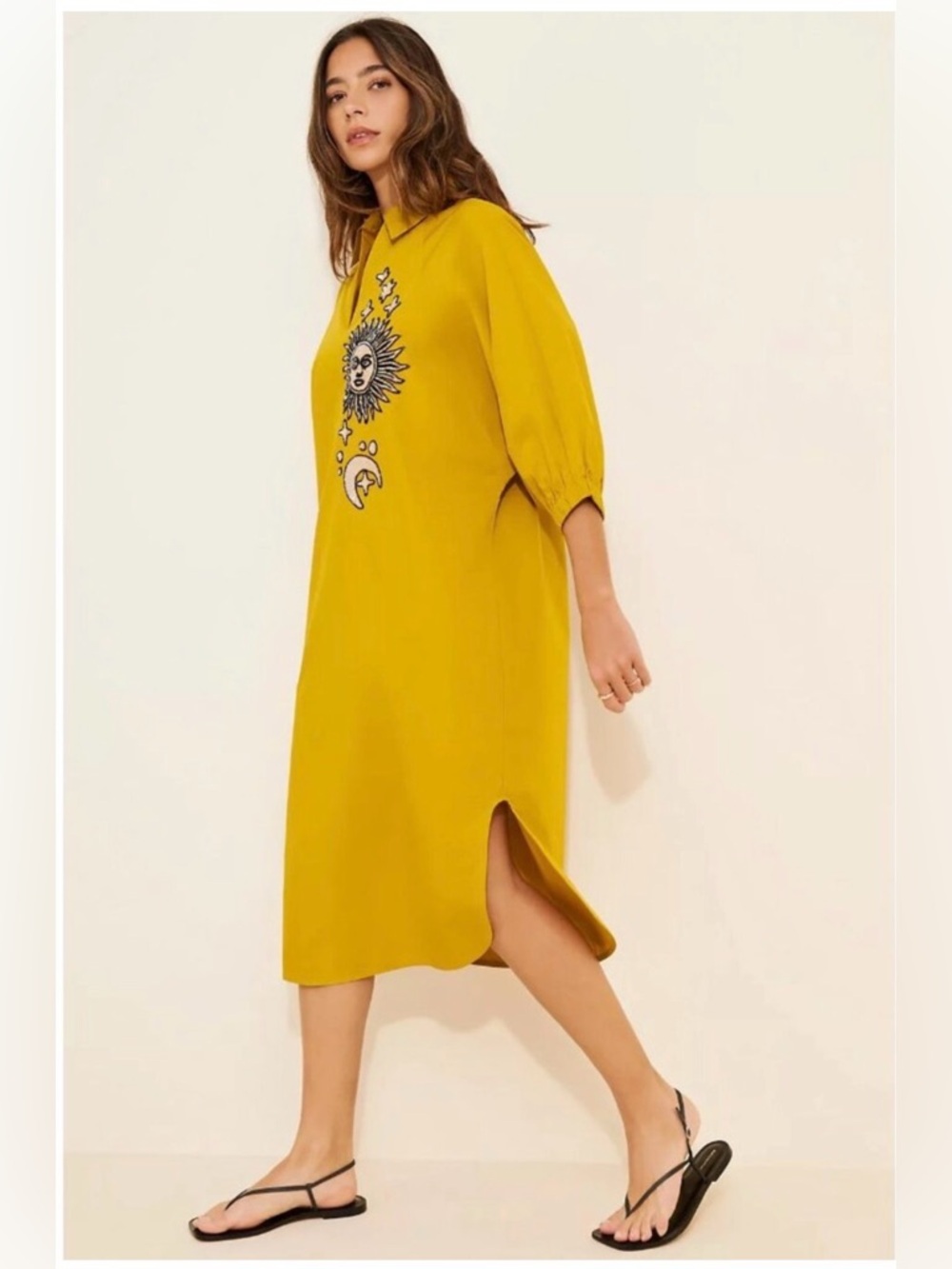 DHRUV KAPOOR Mustard Midi Sun & Moon Embroidered Dress